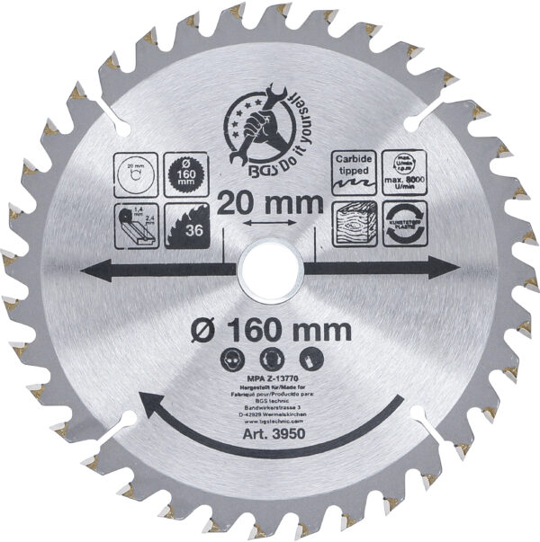 Hartmetall-Kreissägeblatt  Ø 160 x 20 x 24 mm  36 Zähne